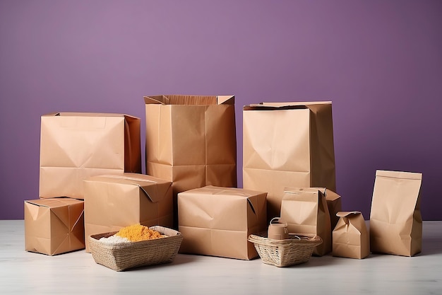 Diversi pacchetti sul tavolo contro uno sfondo colorato Servizio di consegna di cibo