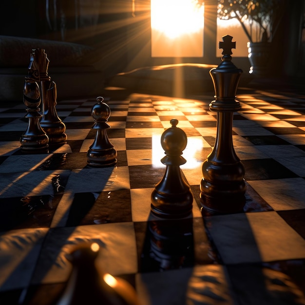 Diversi pezzi degli scacchi sulla scacchiera sotto i raggi del sole al tramonto proveniente dalla finestra Primo piano AI generativa