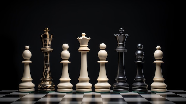 Diversi pezzi di scacchi sul tavolo su uno sfondo scuro gioco maestoso pedini e re