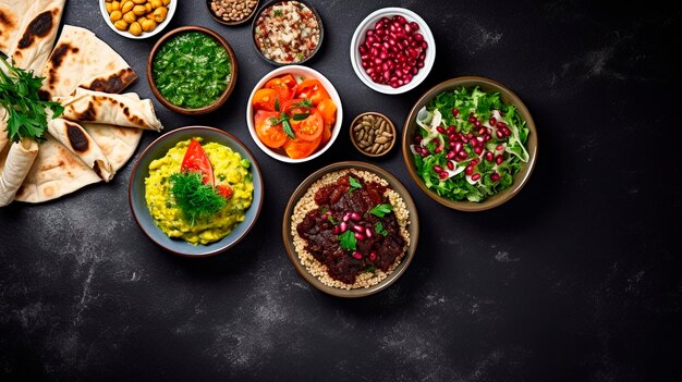 Diversi piatti della cucina araba sulla tavola Focus selettivo