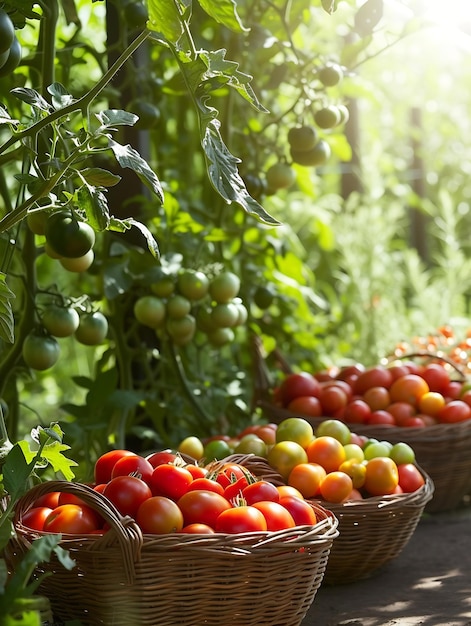 Diversi pomodori in cesti vicino alla serra Raccolta di pomodori IA generativa