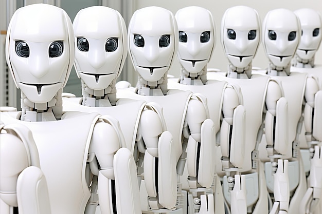 Diversi robot umanoidi e IA che collaborano in una società interconnessa futuristica