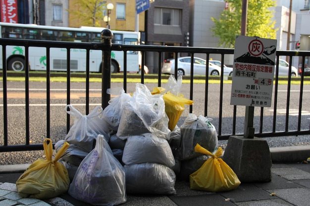 Diversi sacchetti di plastica di cenere vulcanica giacciono sul ciglio della strada a Kagoshima in Giappone