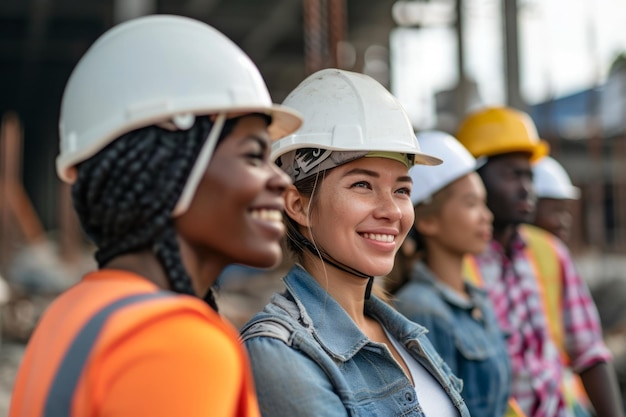 Diversi specialisti in caschi bianchi collaborano con gioia sul cantiere