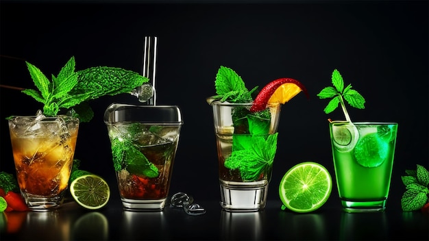 Diversi tipi di cocktail mojito su marrone scuro