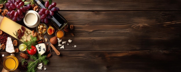 Diversi tipi di formaggio e vino rosso sul tavolo di legno AI generativa