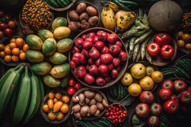 Diversi tipi di frutta e verdura in ciotole Generative Ai