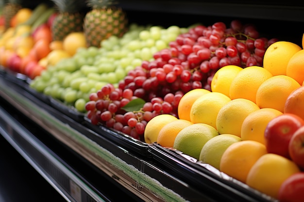 Diversi tipi di frutta sugli scaffali