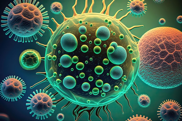 Diversi tipi di microbi Cellule virali e batteri su sfondo astratto