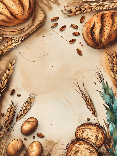 Diversi tipi di pane e grano esposti come ingredienti naturali sulla tavola