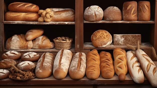 Diversi tipi di pane nel panificio Vari prodotti da forno Delizie da forno fatte a mano