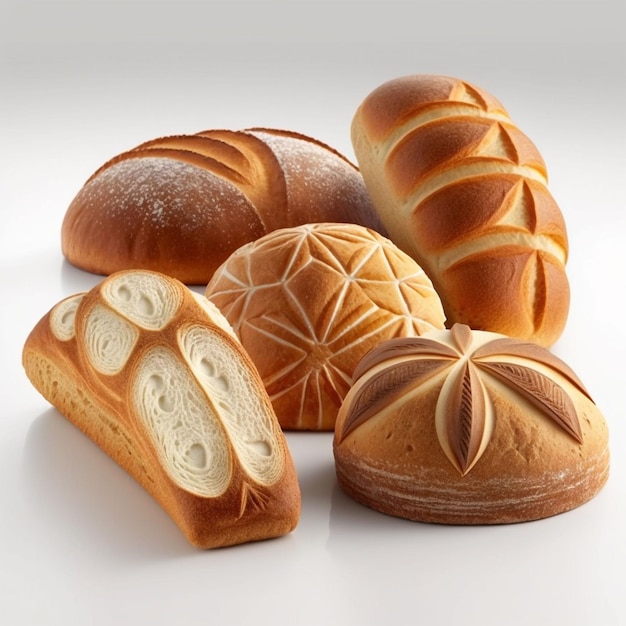 Diversi tipi di pane sono su un tavolo l'uno con l'altro.
