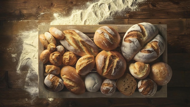 Diversi tipi di pane sparsi sul bordo della farina su un tavolo di legno