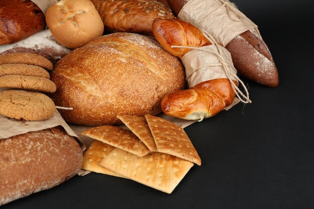 Diversi tipi di pane su sfondo nero in primo piano