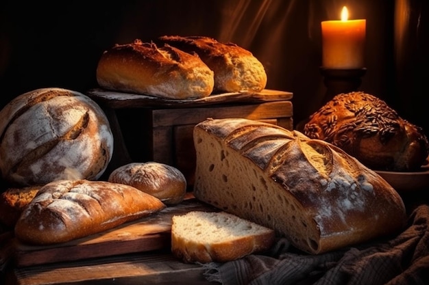 Diversi tipi di pane su un tavolo di legno e una candela accesa