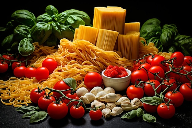Diversi tipi di pasta italiana cruda con pomodori e spinaci