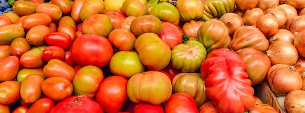 Diversi tipi di pomodori freschi in mostra in un negozio di alimentari