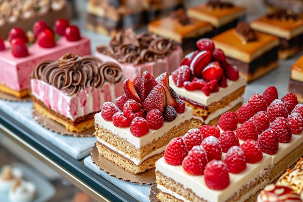 Diversi tipi di torte e dolci nella vetrina della pasticceria