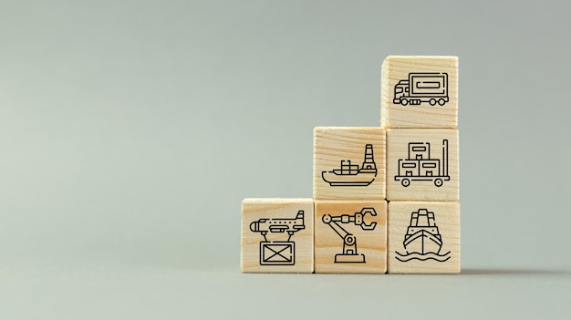 Diversi tipi di trasporto internazionale il concetto di costruzione dell'idea della tecnologia della scatola di legno del commercio mondiale