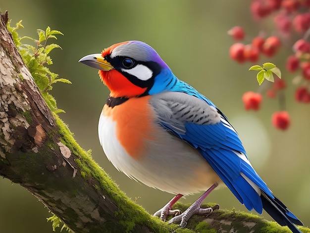 Diversi tipi di uccelli seduti su un ramo arancione in una giungla naturale IA generativa
