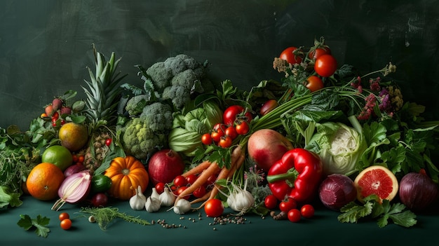 Diversi tipi di verdure frutta fresca e erbe piccanti