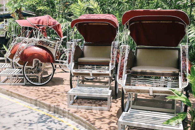 Diversi trasporti tradizionali in pedicab o Becak come decorazione