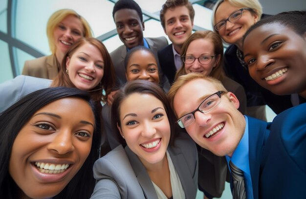 Diversità etnica al lavoro con dipendenti felici che celebrano il successo aziendale