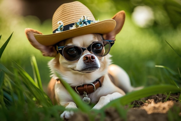 Divertente animale domestico cane chihuahua in un cappello e occhiali da sole che riposano nel parco IA generativa