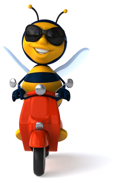 Divertente ape illustrata con occhiali da sole in sella a uno scooter