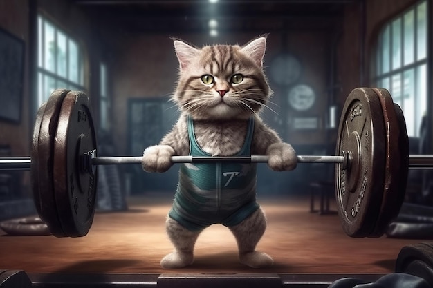 Divertente atleta gatto solleva un bilanciere in palestra durante l'allenamento sportivo Illustrazione dell'IA generativa