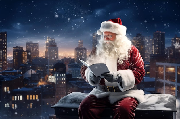 Divertente Babbo Natale in costume rosso che legge la lettera dei bambini sul tetto IA generativa