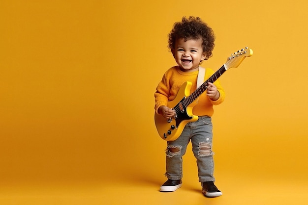 Divertente bambino allegro che suona la chitarra e canta creato con l'IA generativa