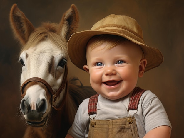 divertente bambino sorridente come agricoltore con cavallo
