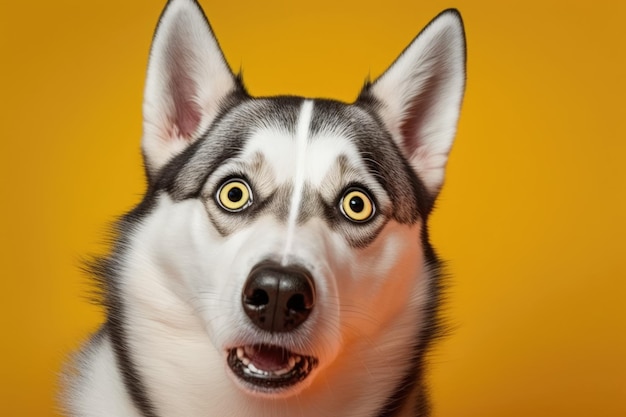 Divertente bi eyed insoddisfatto che lecca husky su uno sfondo giallo studio il concetto di emozioni del cane