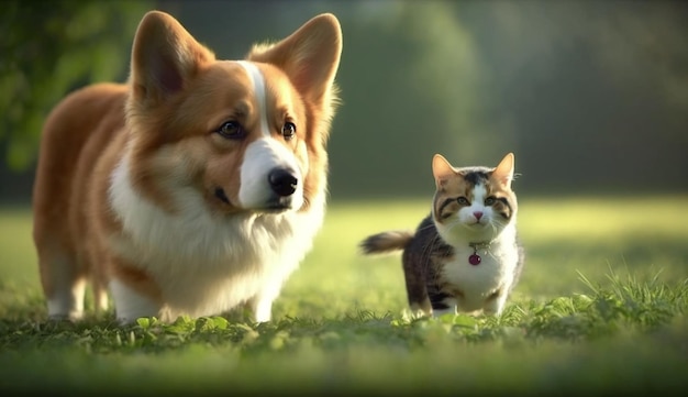 Divertente cane corgi e un gatto camminano sull'erba verde IA generativa
