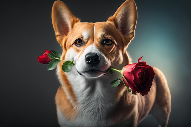 Divertente cane corgi gallese con una rosa rossa in bocca illustrazione realistica IA generativa