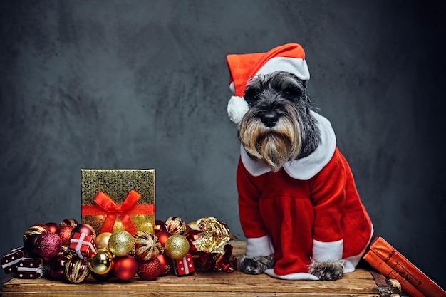 Divertente cane schnauzer vestito in abito di Natale su una scatola di legno con palline di ghirlanda di Natale su sfondo grigio.