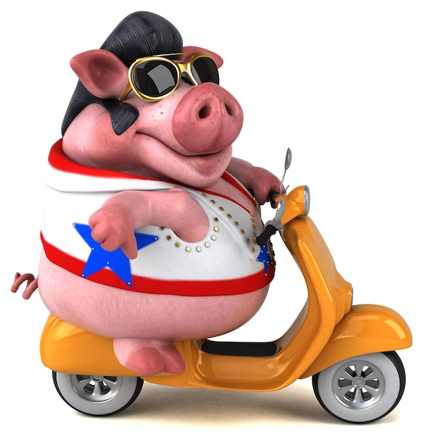 Divertente cartone animato 3D illustrazione di un maiale a dondolo
