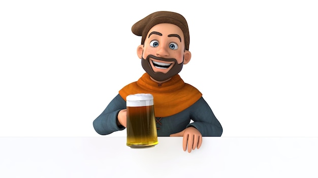 Divertente cartone animato 3D uomo medievale con una birra