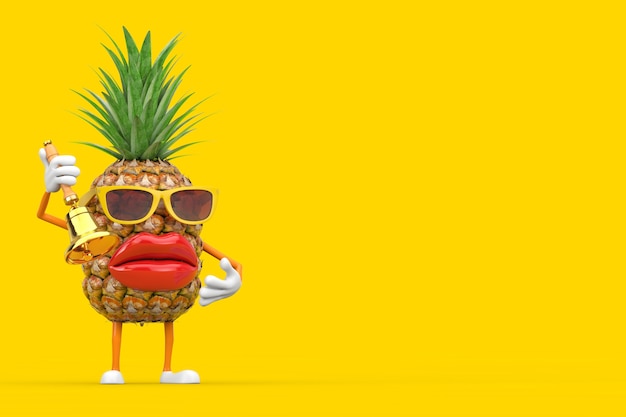 Divertente cartone animato moda hipster tagliare ananas persona personaggio mascotte con vintage scuola dorata campana su sfondo giallo. Rendering 3D