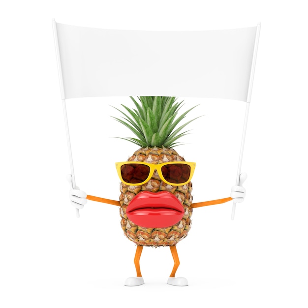 Divertente cartone animato moda hipster tagliare ananas persona personaggio mascotte e vuoto bianco banner vuoto con spazio libero per il tuo design su sfondo bianco. Rendering 3D
