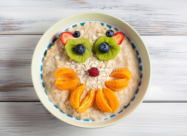 Divertente ciotola di farina d'avena con frutta e bacche di bruco su uno sfondo bianco di legno