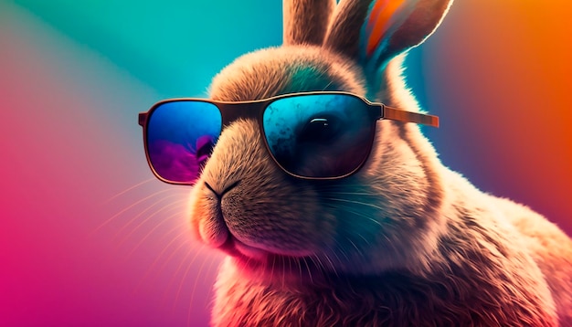 Divertente coniglietto fresco in occhiali da sole su sfondo colorato Close up ai generativa