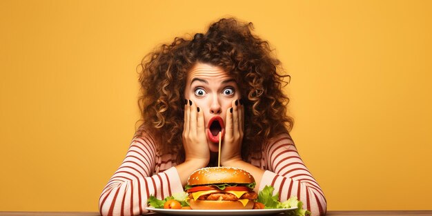 Divertente donna affamata guardando un hamburger su un piatto