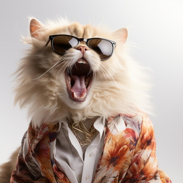 divertente e felice gatto persiano ridere indossando occhiali da sole tenendo il microfono