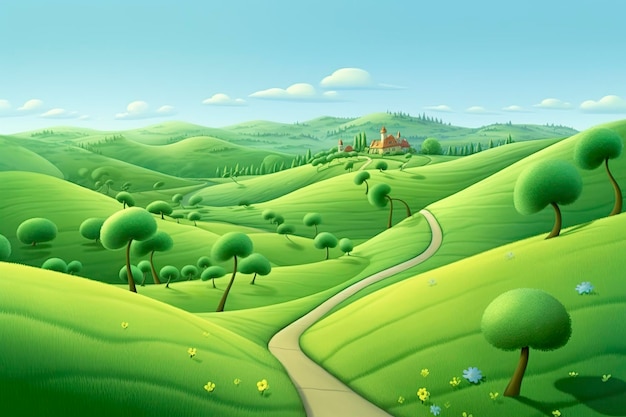 Divertente e felice Pixar Rolling Green Hills Un viaggio visivo AI Generative