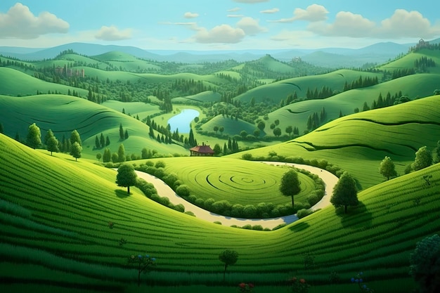 Divertente e felice Pixar Rolling Green Hills Un viaggio visivo Generativo AI