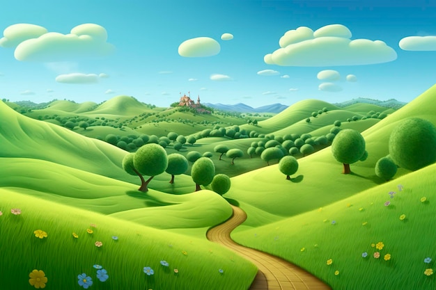Divertente e felice Pixar Rolling Green Hills Un viaggio visivo Generativo AI