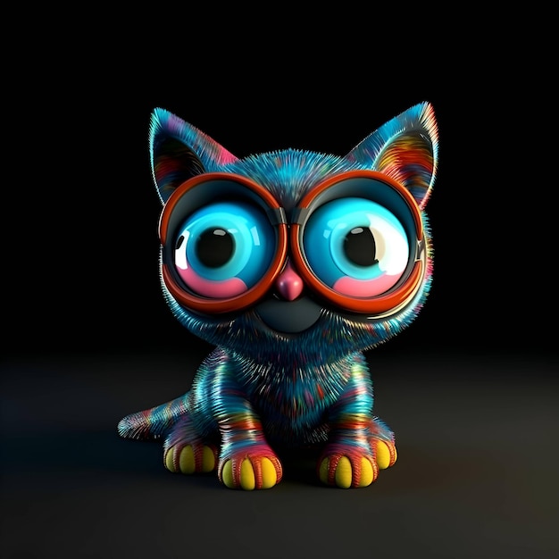 Divertente gatto cartone animato con grandi occhi su sfondo nero rendering 3D