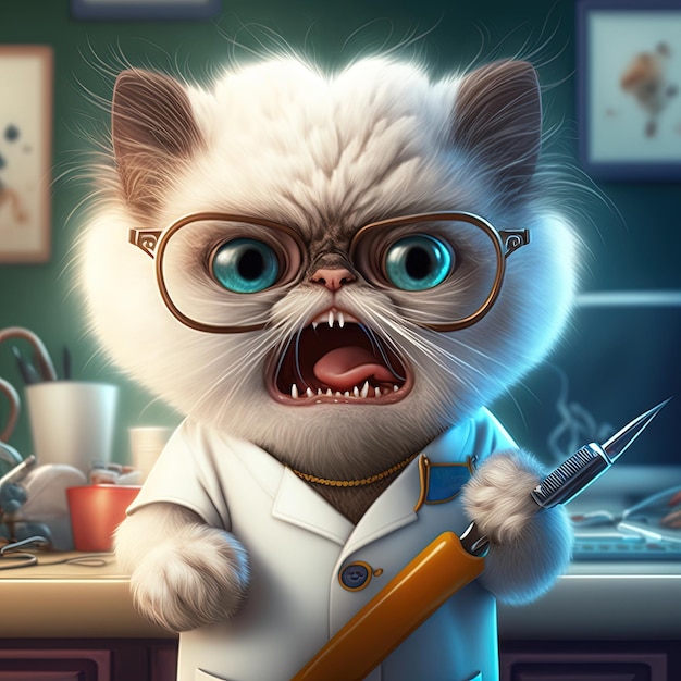 Divertente gatto dentista Gattino carino in costume medico con strumenti per odontoiatria e igiene IA generativa